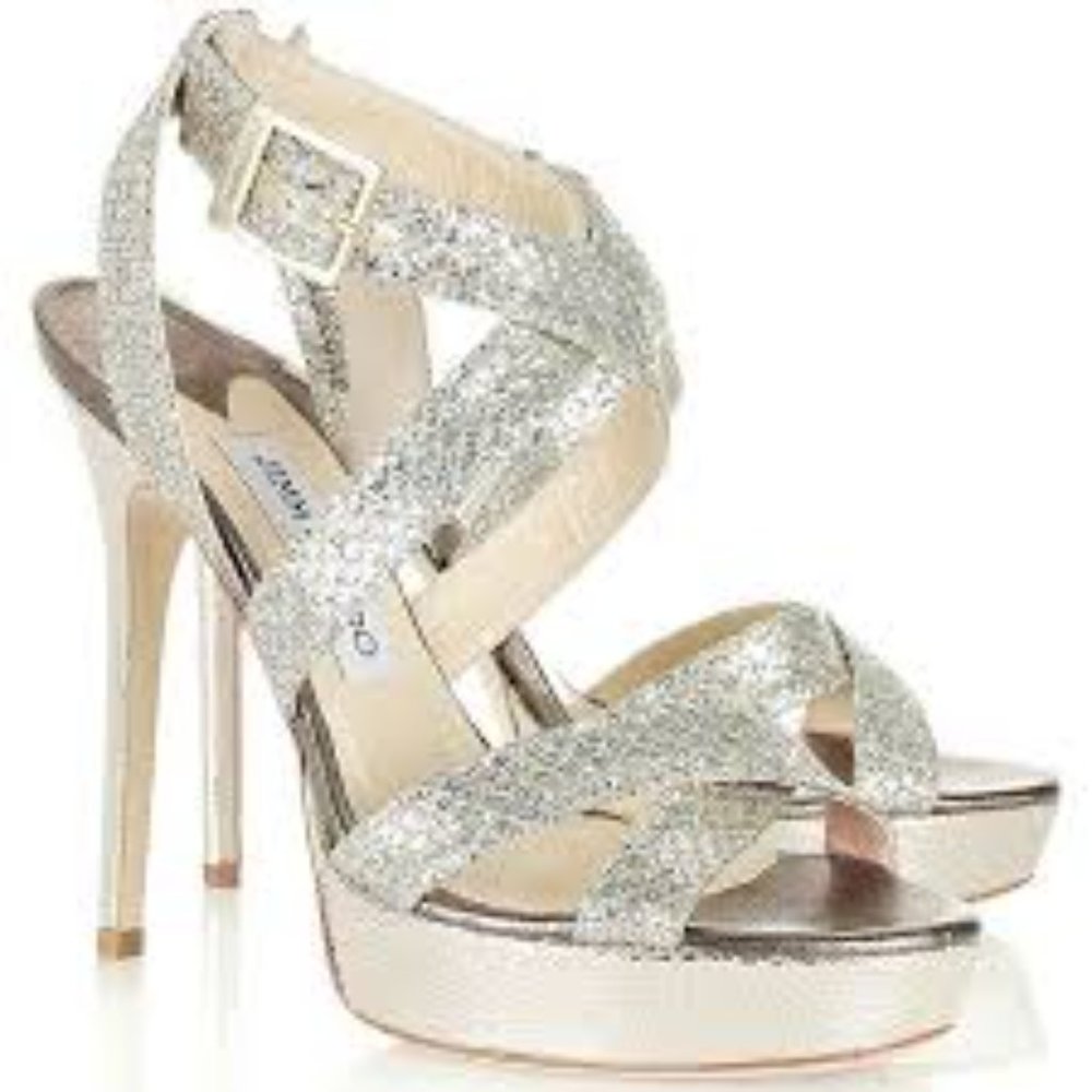 Jimmy Choo Glitter "Vamp" Sandal in Champagne